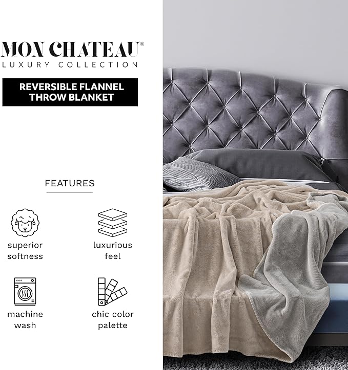 Mon Chateau 112" x 92" Haven Reversible Flannel Throw Blanket for Couch, Sofa, or King Size Bed, Luxury Over-Sized Ultra Soft Plush Melange Blanket for Sleeping or Home Decor, Champagne Weave