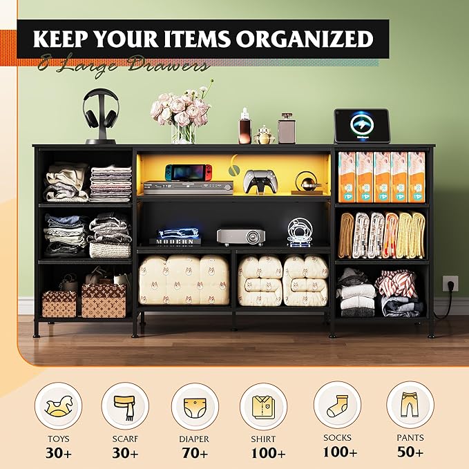 WLIVE TV Stand Dresser for 65,70 inch TV, Entertainment Center with LED Lights & 8 Long Fabric Drawers, Dresser TV Stand for Bedroom and Living Room, Black