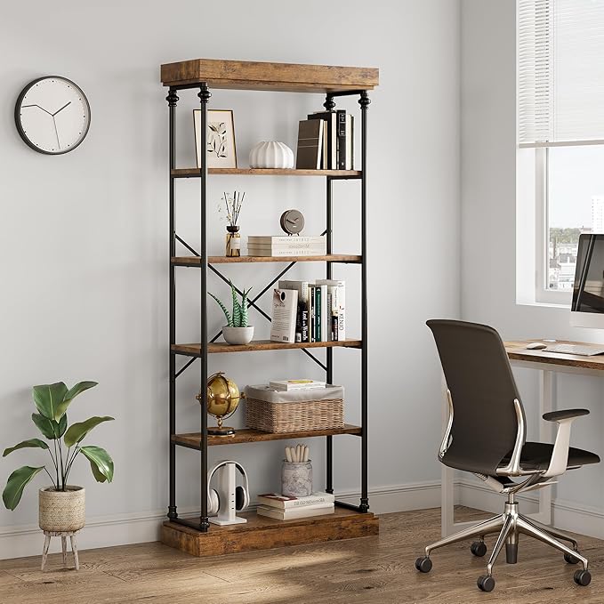 CABIHOME Bookshelf Industrial Bookcase Wooden Storage Open Rack Shelf with Metal Frame Rustic 6 Tier Tall Standing Bookshelves Large Display Rack for Bedroom,Living Room and Home Office