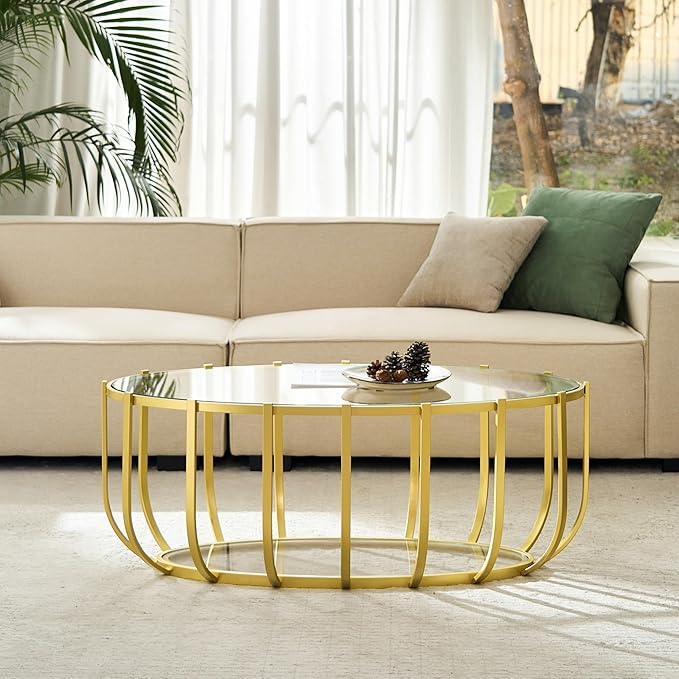 Saint Mossi Glass Oavl Coffee Table for Living Room, Modern 2-Tier Gold Center Table, Clear Glass Top with Gold Finish Legs & Frame