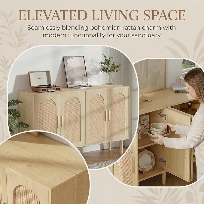 4-Door Rattan Sideboard Cabinet, 47.2" Natural Modern Credenza with Ample Storage, Compact Accent Buffet for Entryway, Living & Dining Room