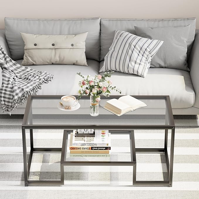 Coffee Table Black Glass Coffee Table for Living Room,2 Tiers Rectangle Center Table with Sturdy Metal Frame,Modern Tempered Glass Accent Table for Bedroom Home Office