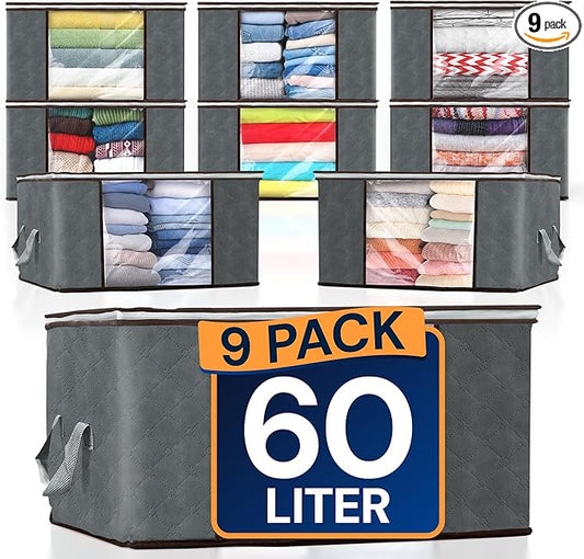 Reli. 60L Clothes Storage Bags (9 Pack) Closet Organizers, Storage Containers | Foldable Clothes Bins w/Lids, Handles | Large Bags for Storing Towels, Clothing, Toys, Blankets | Grey