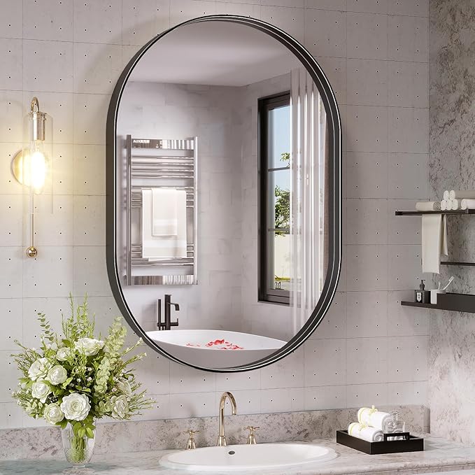 Oval Mirror, 26 x 38 inch Black Oval Bathroom Mirror for Bathroom, Black Vanity Mirror for Wall, Entryway, Living Room, Wall Mount Mirrors Hangs Vertical or Horizontal