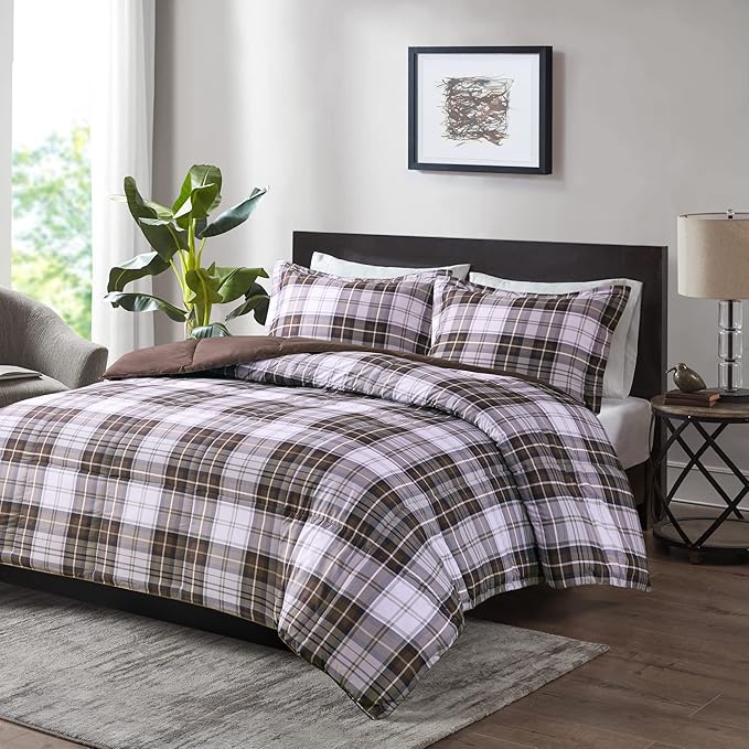 Madison Park Essentials Parkston Plaid Comforter, Matching Sham, 3M Scotchguard Stain Release Cover, Hypoallergenic All Season Bedding-Set, King/California King, Brown, 3 Piece