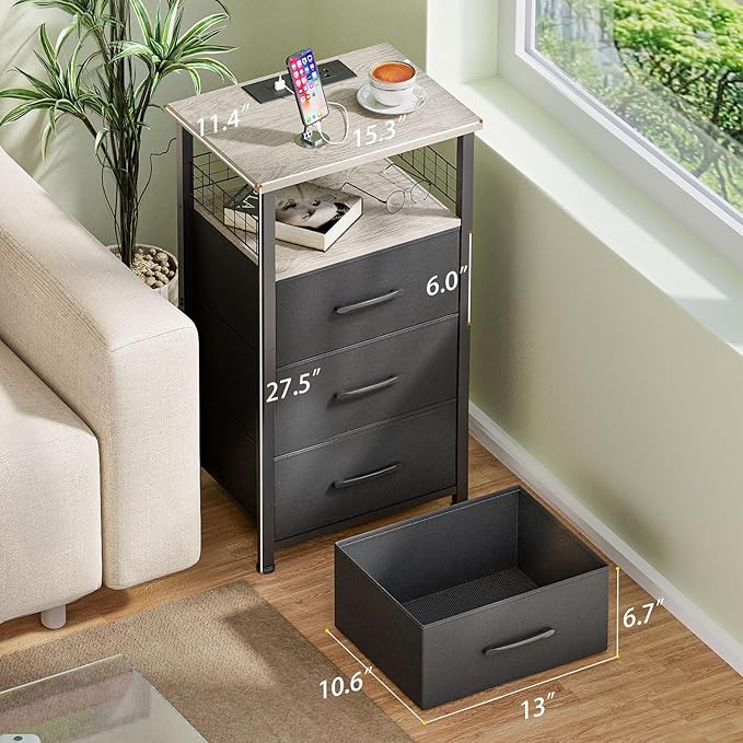 Night Stand Set 2 with Charging Station, End Table Set of 2 with 20 Colors LED Light Strip, 3 Fabric Drawers, Bedside Table with USB Ports and Outlets for Bedroom (Grey)
