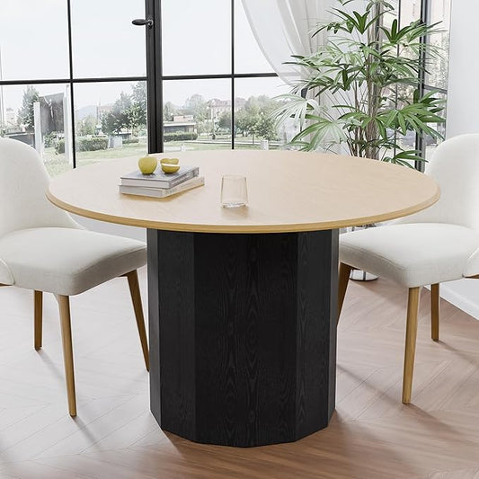 Casaphoria Round Dining Table - 46 Inch Wood & Black Pedestal Base, Modern Kitchen Table for 4, Natural Wood Top with Cylinder Base