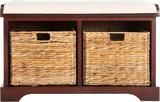SAFAVIEH Home Collection – Freddy Cherry Storage Bench with Wicker Baskets & Cushion, Entryway Seating Bench, Fully Assembled (AMH5736E)