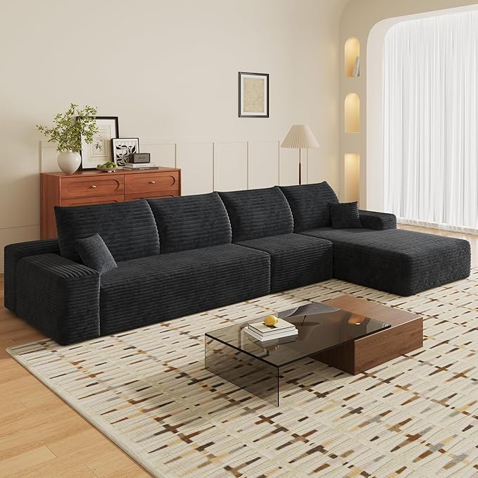 135" Corduroy Couch Sectional with Chaise, L Shape Boneless Cloud Couches for Living Room Bedroom, Fluffy Deep Seat Compression Sofa, Modular Corner Couch No Assembly, Right Facing Chaise, Black