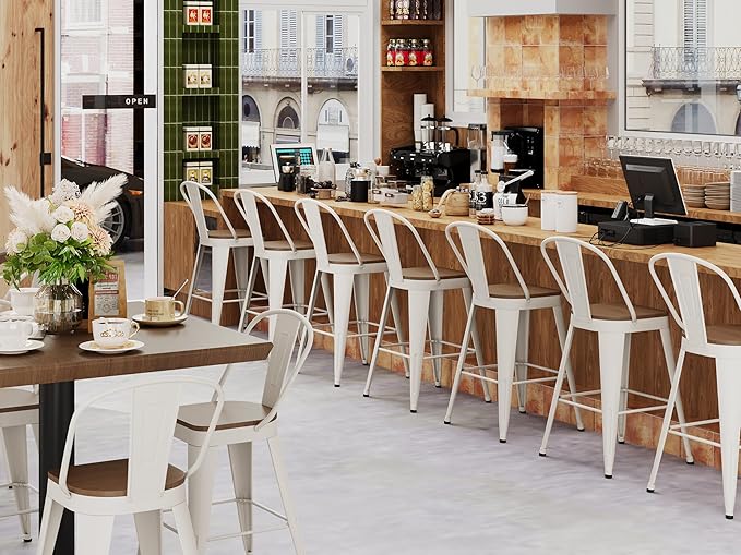Andeworld Metal Bar Stools Set of 4, 30 inch Bar Height Barstools with Backs Farmhouse Modern High Back Bar Stools with Larger Seat Kitchen Dining Bar Chairs,Off White