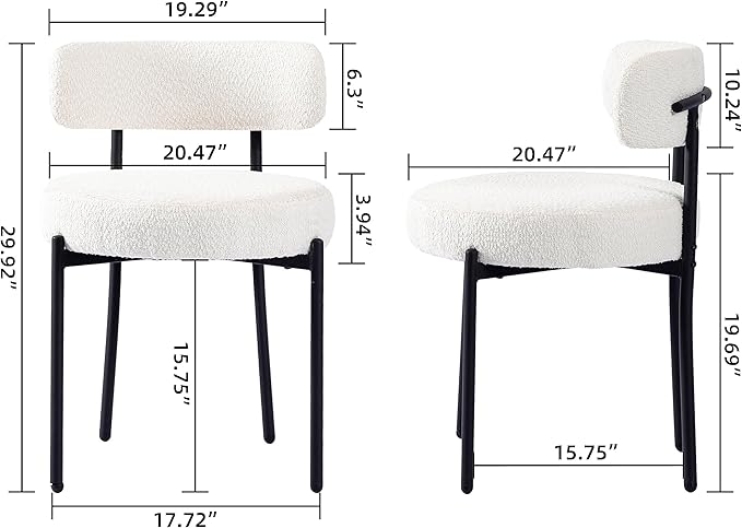 EDWELL White Dining Chairs Set of 4, Modern Dining Room Chairs with 3.94“ Cushions and Metal Legs, Round Upholstered Kitchen Dining Chairs, Ergonomic Backrest Boucle Chairs for Kitchen, Living Room