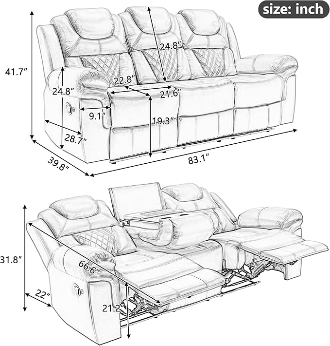ERYE 83-Inch Oversized Manual Reclining Sofa with LED Strip and Cupholders for Living Room Home Theater, Multifunctional Faux Leather 3 Seaters Manual Recliner Couches | Charging Station, Cup Holder, LED Light Strips