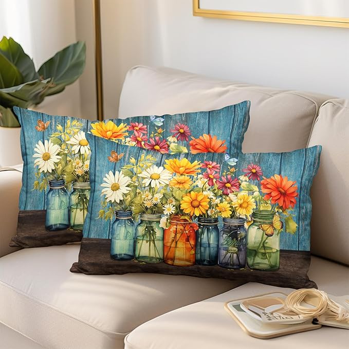 Daisy Floral Lumbar Pillow Covers 12x20 Set of 2 Rustic Vintage Flower Vase Wood Board Throw Pillow Cases Spring Summer Watercolor Flowers Outdoor Pillowcase for Farmhouse Couch Sofa Decor