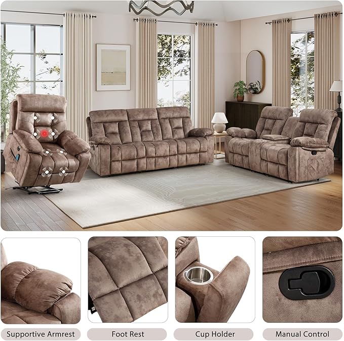 EBELLO 3 Pieces Recliner Sofa Furniture Set, Power Lift Recliner Chair with Massage and Heat, Manual Loveseat and 3 Seat Reclining Couch Set for Living Room, Brown