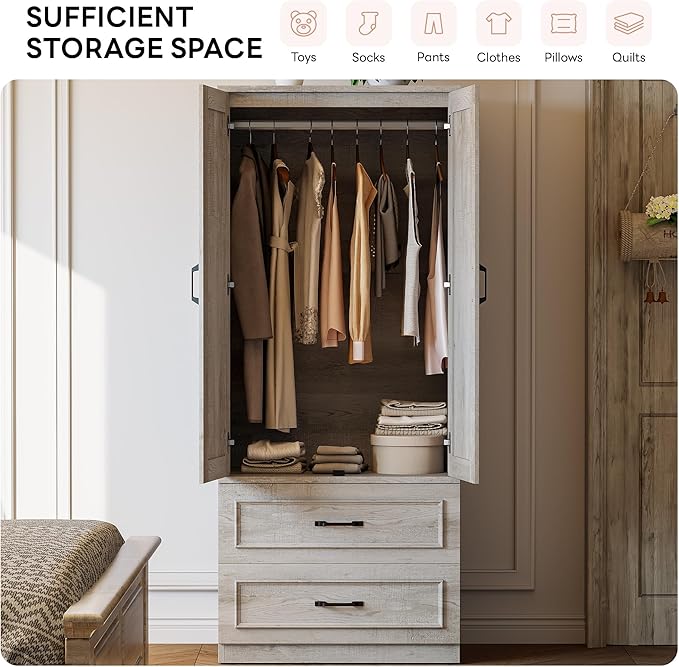 LIKIMIO Armoire Wardrobe Closet with 2 Doors and 2 Drawers 70" H x 28" W Wooden Bedroom Freestanding Wardrobe Combination for Hanging Clothes, Rustic Maple