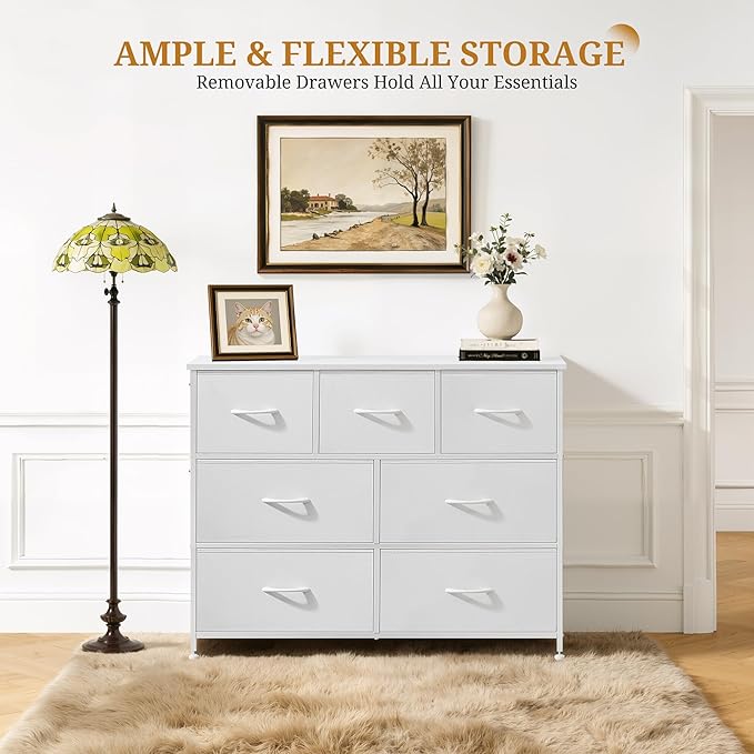 Dresser with 7 Drawers for Bedroom, Fabric Clothes Cabinet for Closet, Anti-Tip Storage Dresser with Metal Frame for Living Room, Entryway, Dorm, White