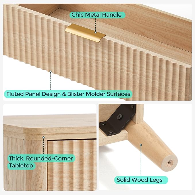 LINSY HOME Fluted 5 Drawers Dresser, 46" Tall Modern Chest of Drawers, Curved Profile Design, Mid Century Wood Dresser with Metal Handle for Bedroom, Living Room, Hallway, Entryway, Oak