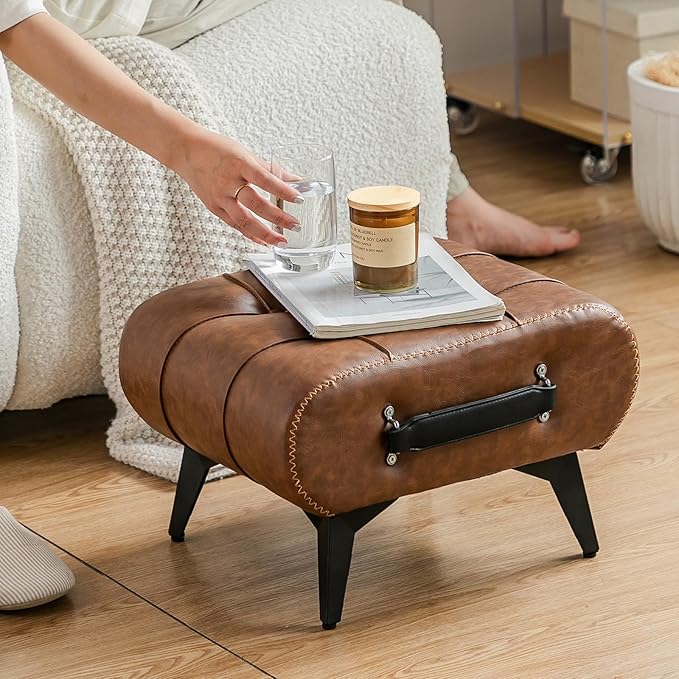Small Footstool Ottoman - Stylish and Functional Faux Leather Footrest for Extra Seating in Living Room, Entryway, or Office
