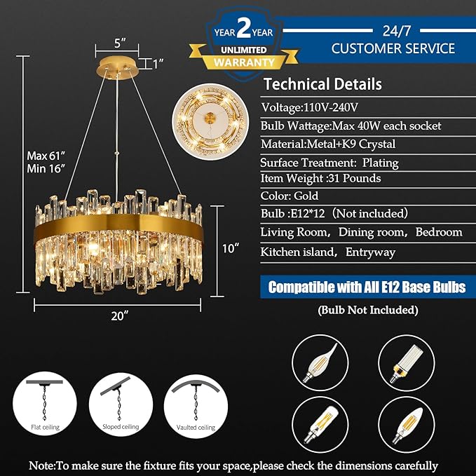 Crystal Chandeliers for Dining Room Lights Fixtures, 12 Lights Luxury Gold Modern Chandeliers for Bedroom, 2-Tier Round Crystal Lighting Fixtures for Living Room Entryway Kitchen Island D20 Inch