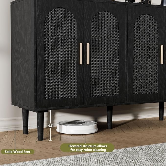 Sideboard Buffet Cabinet with Storage, Retro Rattan Storage Cabinet Kitchen Sideboard Buffet with Artistic Carved Handle for Dining Room Living Room, (Black)