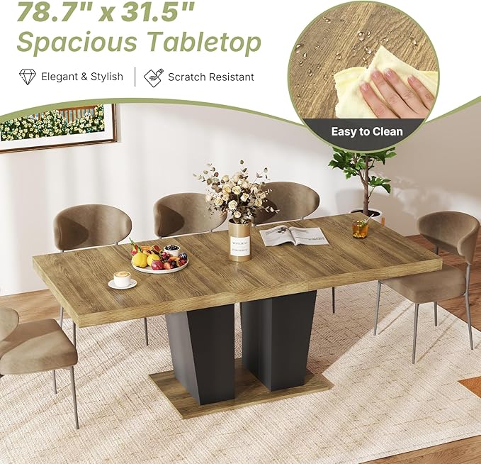 63"-78.7" Expandable Dining Table, 6-10 Rectangle Table, Extendable Console Table, Wooden Farmhouse Kitchen Table with Metal Track & Dual Column Base for Living, Office-Brown