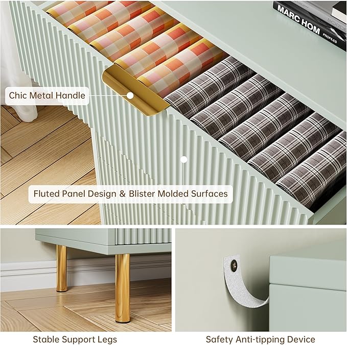 IDEALHOUSE Green Dresser, Modern 5 Drawer Dresser for Bedroom with Gold Handle and Large Drawer, Wood Double Chest of Drawers and Storage Organizer for Living Room, Hallway, Entryway