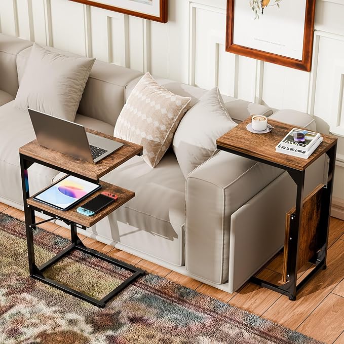 Simple Trending TV Tray Table, C Shaped End Table for Couch, Foldable Table with 2 Shelf Storage, for Sofa Bedside, Rustic Brown