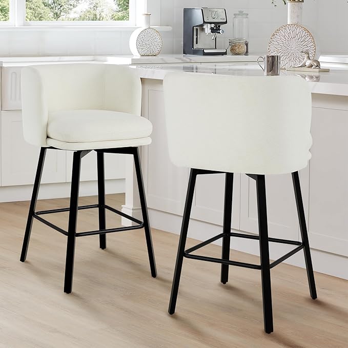 26" H Counter Height Swivel Bar Stools Set of 4, Barrel Counter Stools with Backrest, Linen Fabric Upholstered Barstools with Metal Legs for Kitchen Island,Beige