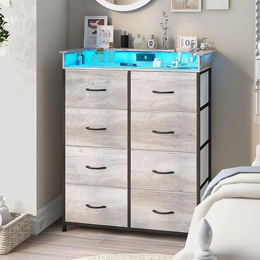 Dresser for Bedroom with Charing Station Grey Dresser with LED Lights Tall Dressers with 8 Drawers Storage Tower for Closet Living Room Hallway Entryway Sturdy Steel Frame Wood Top