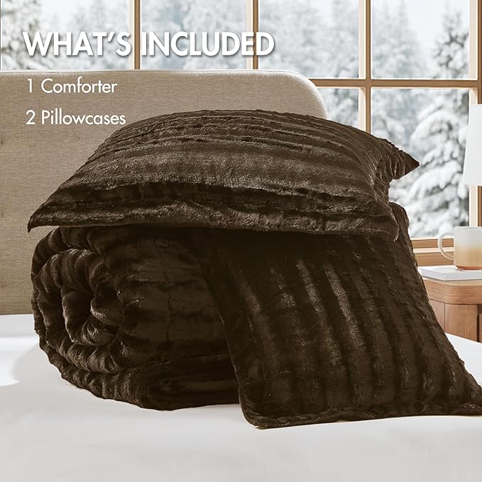 Madison Park Duke Luxe Faux Fur Reversible Comforter Set, Soft Plush Reverse, Modern Down Alternative Filling Cozy Bedding, Box Quilted Warm Cover, Matching Shams, Full/Queen, Chocolate 3 Piece