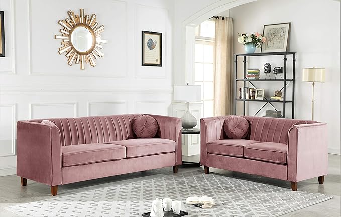 Container Furniture Direct Arvilla 2 Piece Velvet Sofa Set with Bolster Pillows, Mid Century Modern Design, Chesterfield-Inspired Couch and Loveseat for Living Rooms, Salmon
