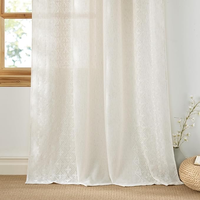 NICETOWN Cream Linen Textured Curtains 84" Long with Ivory White Boho Embroidered for Living Room, Geometric Drapes with Antique Bronze Grommets, Farmhouse Rustic Window Treatments(2 Panels, W52)