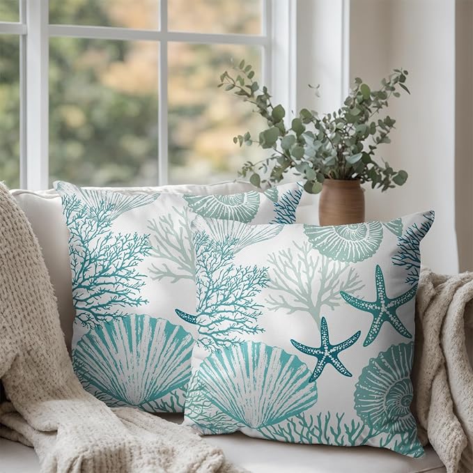 Nautical Coastal Blue Throw Pillow Covers 24x24 Set of 2 Summer Turquoise Teal Beach Outdoor Pillow Cover Coral Seashell Starfish Ocean Decorative Pillow Cases for Living Room Couch Sofa
