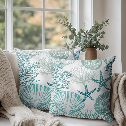 Nautical Coastal Blue Throw Pillow Covers 20x20 Set of 2 Summer Turquoise Teal Beach Outdoor Pillow Cover Coral Seashell Starfish Ocean Decorative Pillow Cases for Living Room Couch Sofa