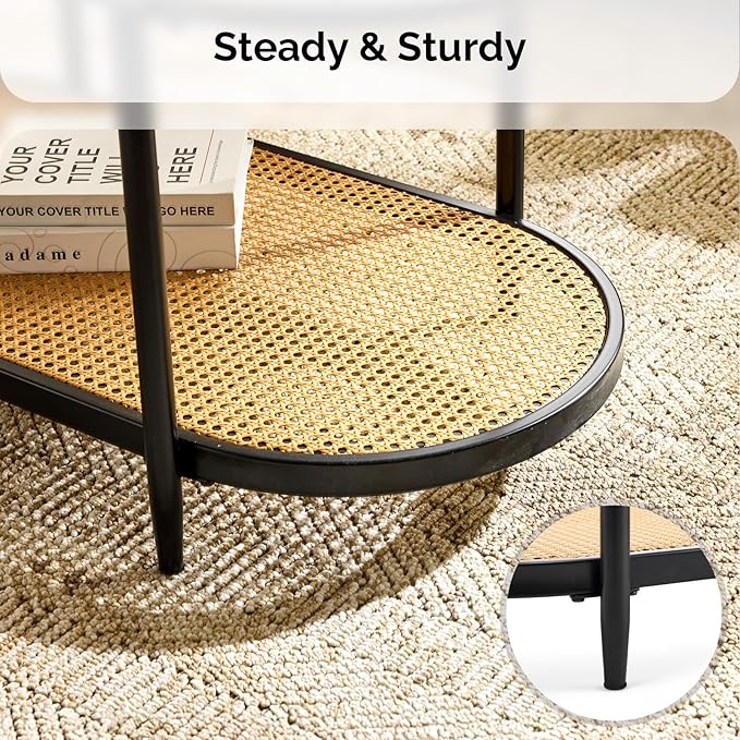 VINGLI 38" Oval Coffee Table with Rattan Shelf, Glass Metal Coffe Table, Skinny Coffee Tables with 2-Tier Storage, Modern Center Table for Living Room, Office, Small Space, Black