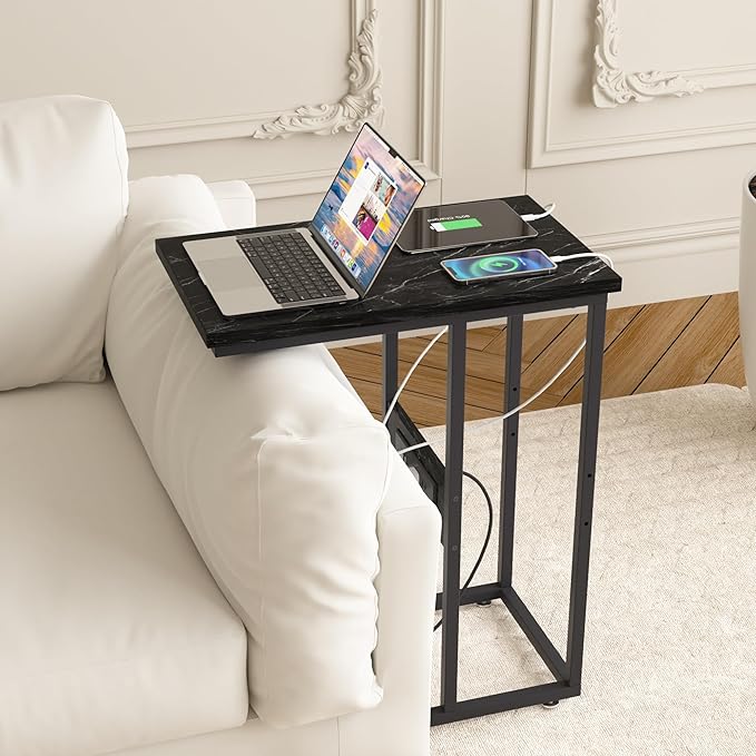 VECELO C Shaped End Side Table with Charging Station & Power Outlets for Couch Sofa/Bed, Snack TV Tray with Metal Frame for Living Room Bedroom 2 PCS Black Marble