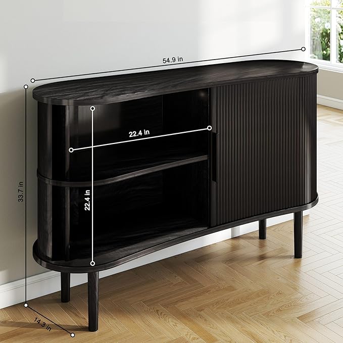 Mid-Century Modern Sideboard Buffet Cabinet, 55" Storage Cabinet with 4 cabinets, Decorative Fluted Sliding Doors for Bedroom Dining Room Small Space, Walnut Finish, Black