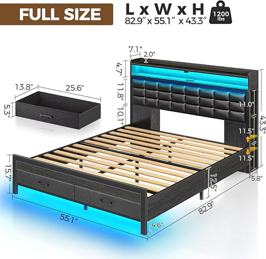 Rolanstar Bed Frame Full Size with Storage Headboard and 2 Drawers, Upholstered Platform Bed with Charging Station and LED Light, Heavy Duty Frame Support, No Box Spring Needed, Noise Free, Black