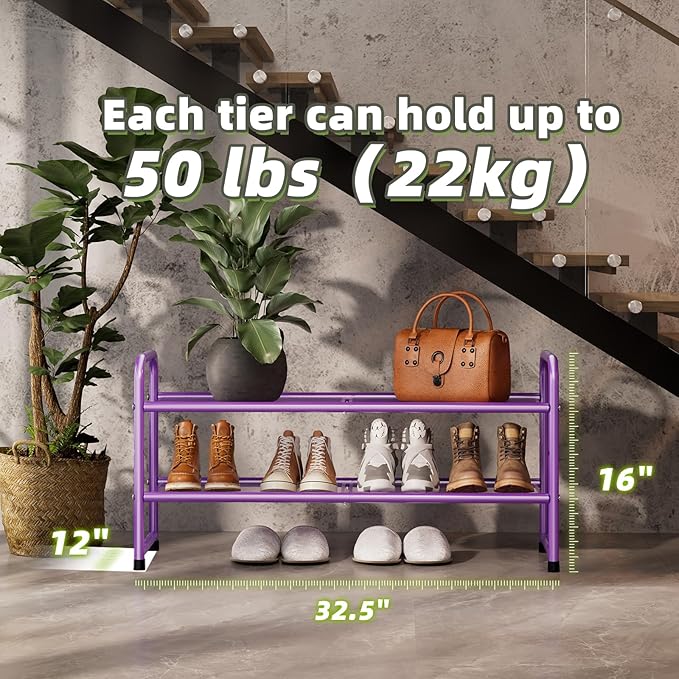 SUFAUY 2 Tier 33" Shoe Rack Closet, Metal Mesh, Stackable, Purple