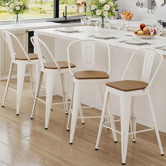 Andeworld Metal Bar Stools Set of 4, 30 inch Bar Height Barstools with Backs Farmhouse Modern High Back Bar Stools with Larger Seat Kitchen Dining Bar Chairs,Off White