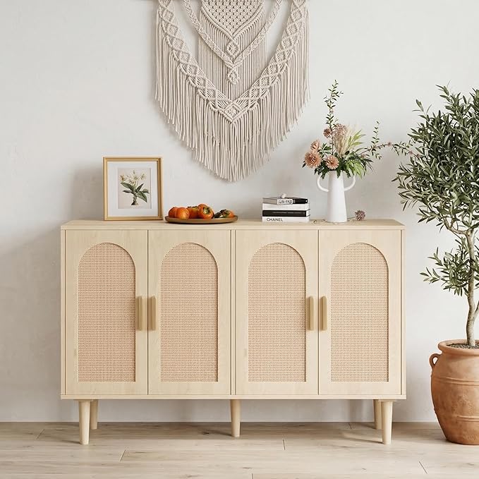4-Door Rattan Sideboard Cabinet, 47.2" Natural Modern Credenza with Ample Storage, Compact Accent Buffet for Entryway, Living & Dining Room