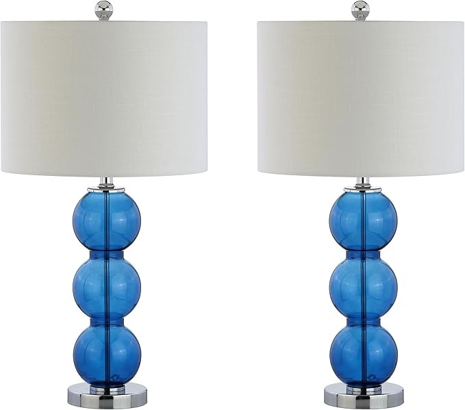 JONATHAN Y 27" Cobalt Blue/Chrome Triple-Sphere Glass Table Lamp Set of 2, Bedside, White Linen Shade, Modern Table Lamps for Living Room, Bedroom, Office, LED Bulbs Included (JYL1070E-SET2)