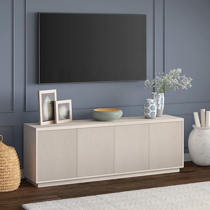Henn&Hart Fluted TV Stand for TVs up to 75" with 2 Concealed Ribbed Storage Cabinets and Adjustable Shelves for Living Room, Family Room, or Office, Beech White