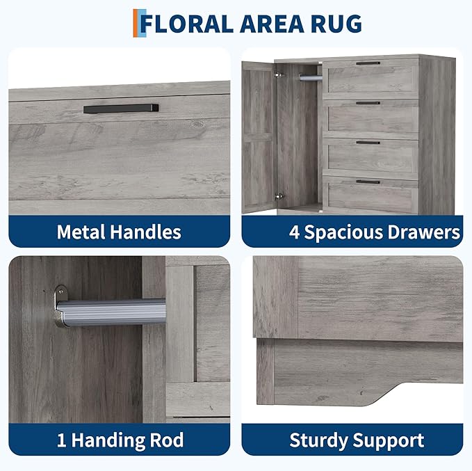 IDEALHOUSE 43.3'' H Armoire Wardrobe Closet with 4 Drawers and Hanging Rod, Multifunctional Wood 4 Drawers Dresser with Storage Closet, Clothing Storage Cabinets for Bedroom, Gray