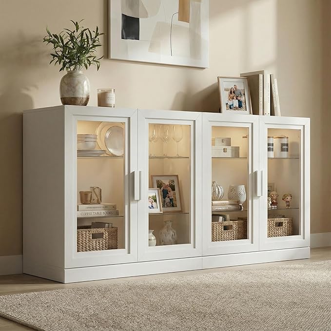 Casaphoria Adam Sideboard Buffet Cabinet with Storage, Display Cabinet with Glass Doors & Adjustable Shelves, 62" W x 31" H Buffet Cabinet for Entryway Kitchen Living Room, White