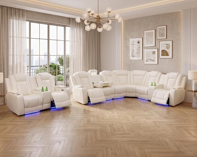 Power Recliner Sectional Sofa with LED, Breathing Leather Reclining Sectional Couch, L Shaped Couch with Dual Recliners, USB Port, Cup Holder&Storage (Cream White Pro, Sectional+Loveseat(8 Seats))