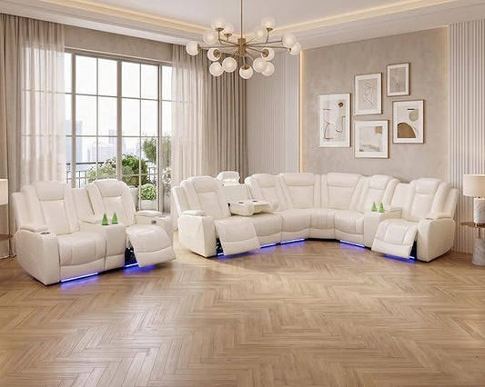 Power Recliner Sectional Sofa with LED, Breathing Leather Reclining Sectional Couch, L Shaped Couch with Dual Recliners, USB Port, Cup Holder&Storage (Cream White Pro, Sectional+Loveseat(8 Seats))