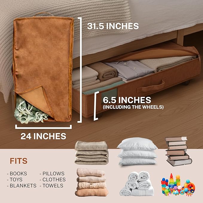 Premium Under Bed Storage with Wheels, Low Profile Rolling Storage Box in Vegan Leather with Metal Frame, Pull-Out Underbed Organizer for Bedroom or Closet, Housewarming or Wedding Gift