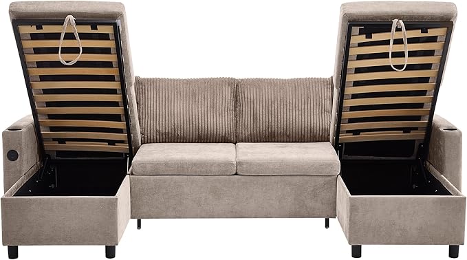 ERYE 113-Inch U-Shaped Pull Out Sleeper Couch Bed, Modern U Shaped Symmetrical Sleeper Sectional Sofa Convertible Sofa Bed with Storage Chaises & USB-C Ports for Living Room