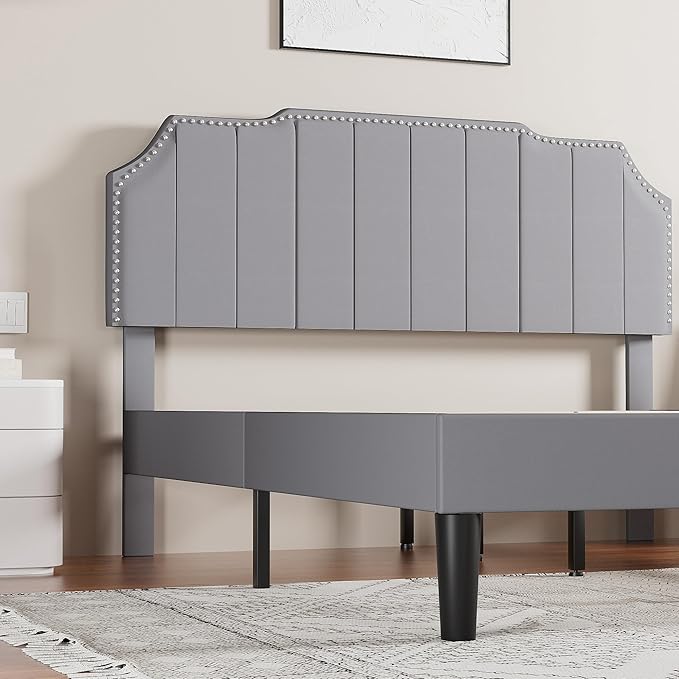 VECELO Queen Bed Frame Upholstered Platform with Tufted Adjustable Headboard/Mattress Foundation/Wood Slat Support,Easy Assembly,Dark Grey